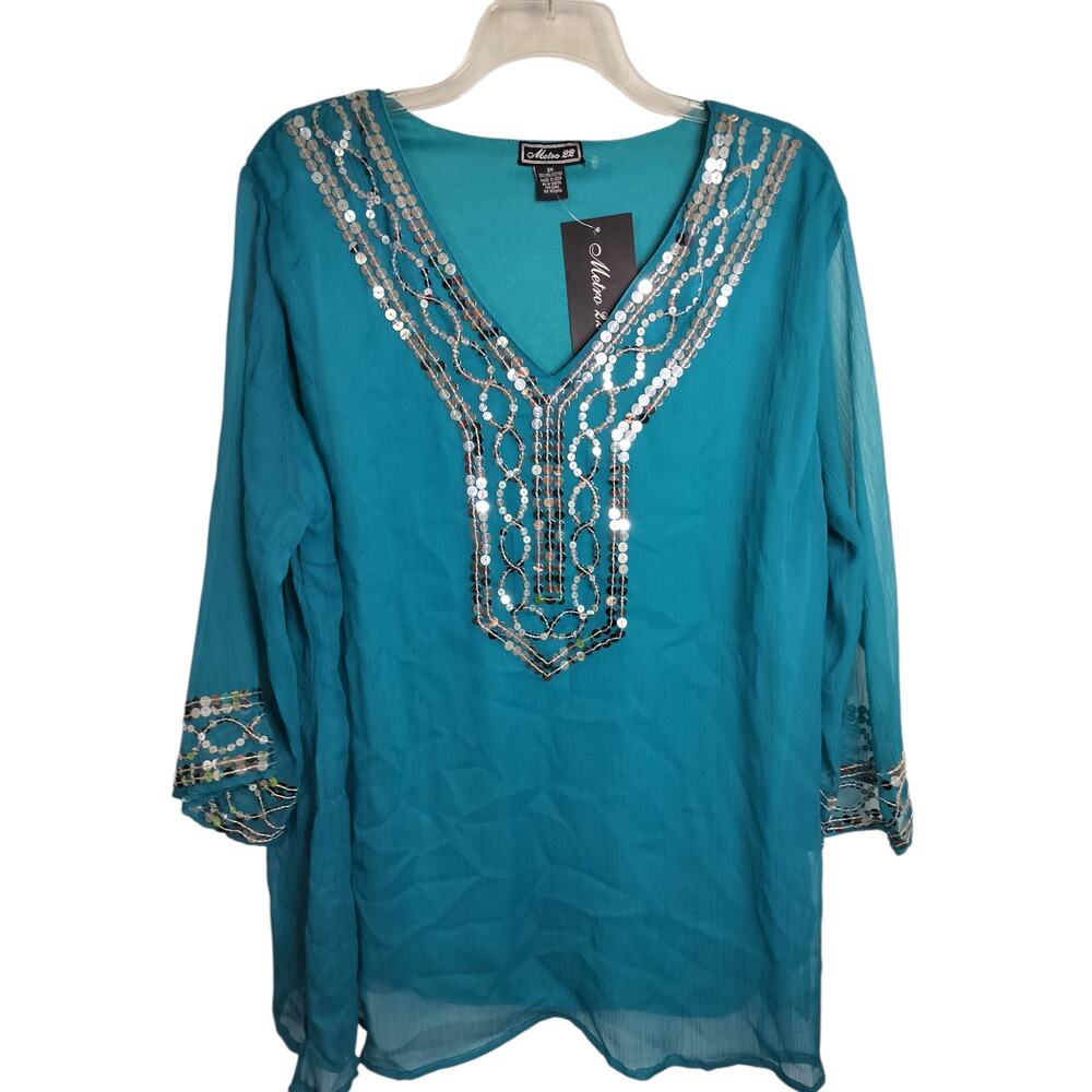 5188) Metro 22 Turquoise Sequin V Neck Peasant Boho Cover Up Tunic Top Plus 3X